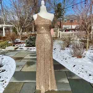 NWT Anthropologie BHLDN Caspian Gold Sequin Long Maxi Dress One Shoulder 8